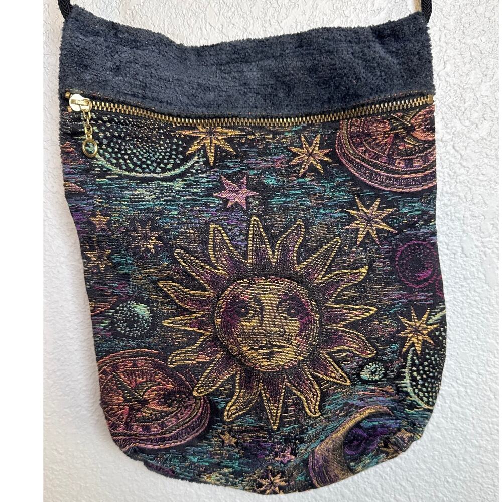 Celestial Tapestry Crossbody Bag Womens Purse Sun Stars Witchy Boho Black Blue